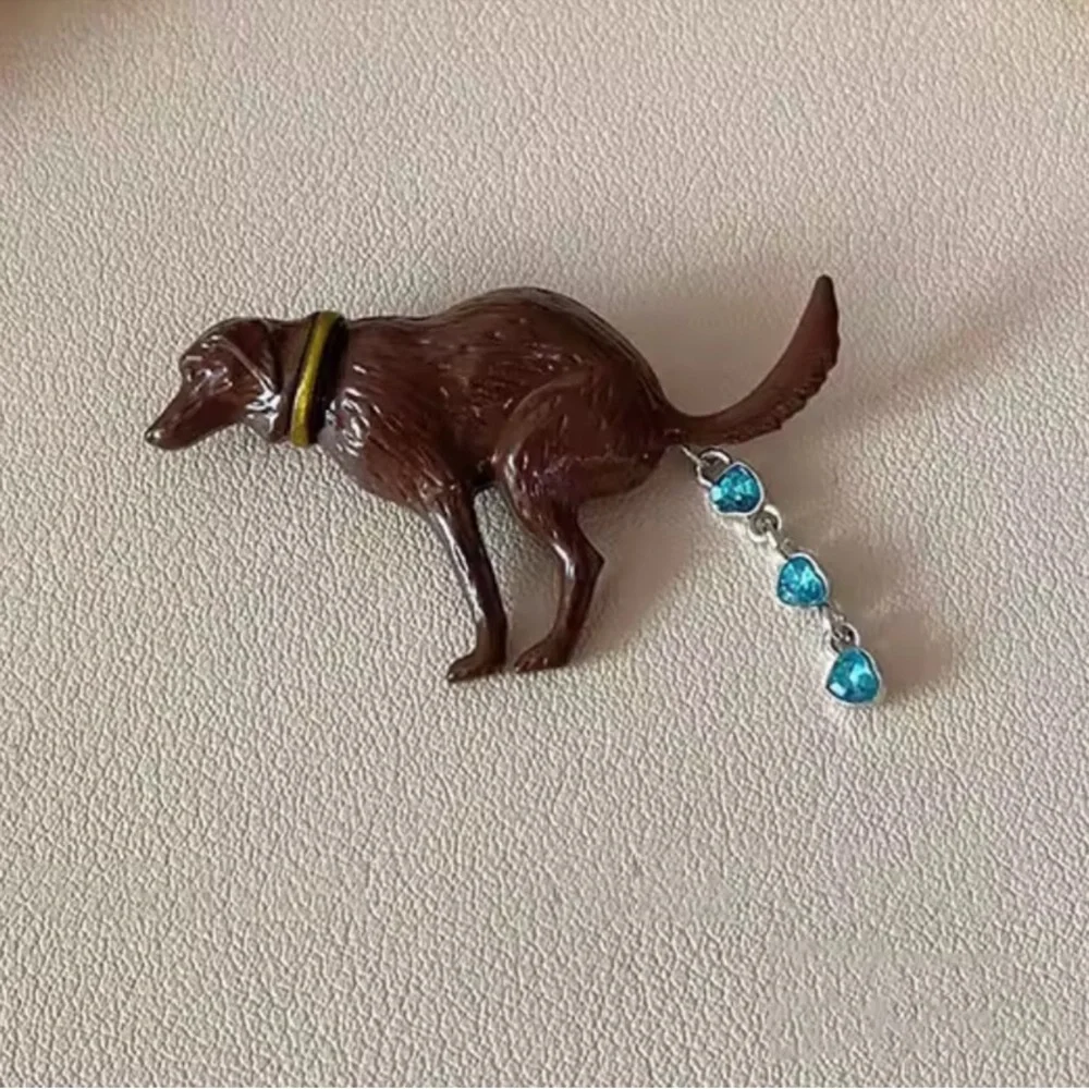 Anthropologie Brown Enamel Dog Brooch with Blue Gem Dangle